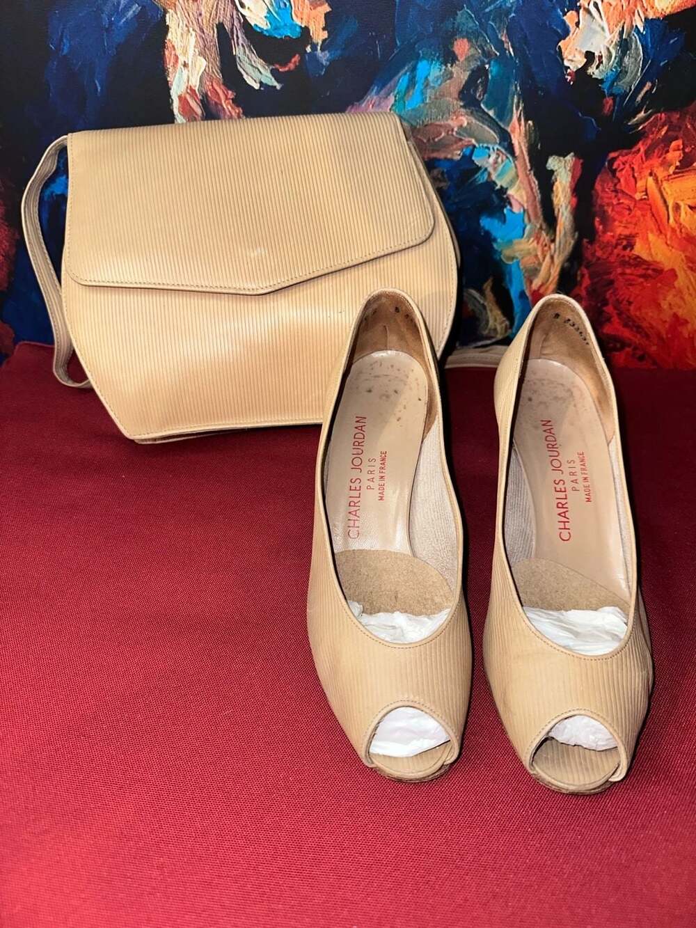 No.88 Charles Jourdan Paris Vintage Pleated Nude Peep Toe Pumps & Matching bag